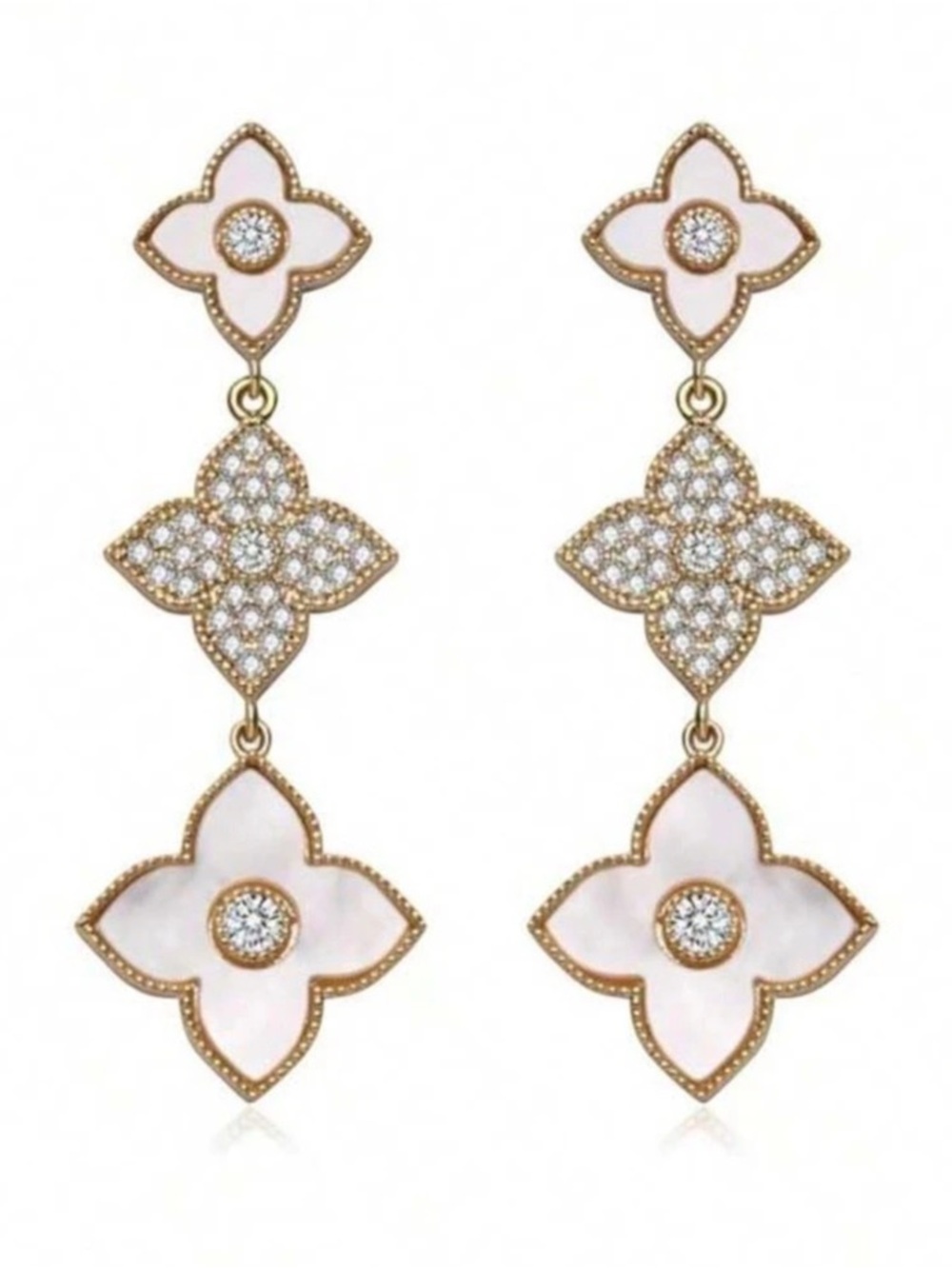 White & Gold Floral Drop Earrings Like New